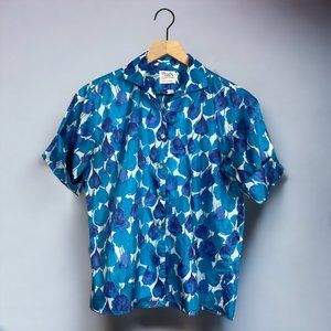 Shapely Classic VTG 60s 70s Short Sleeve Blue Purple Floral Button Up Shirt